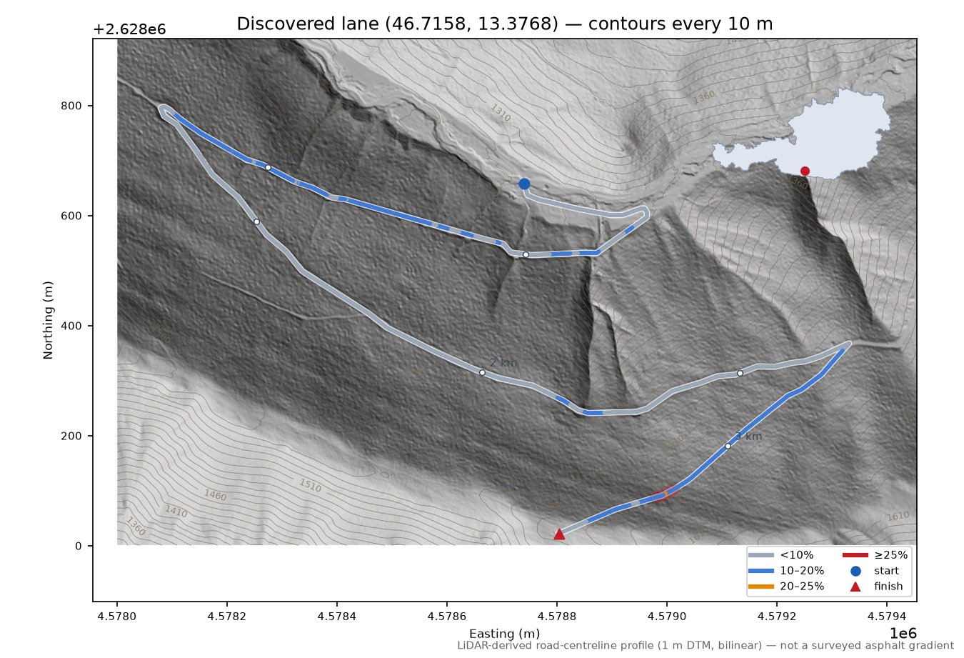 Discovered lane (46.7158, 13.3768) LiDAR hillshade map with contours