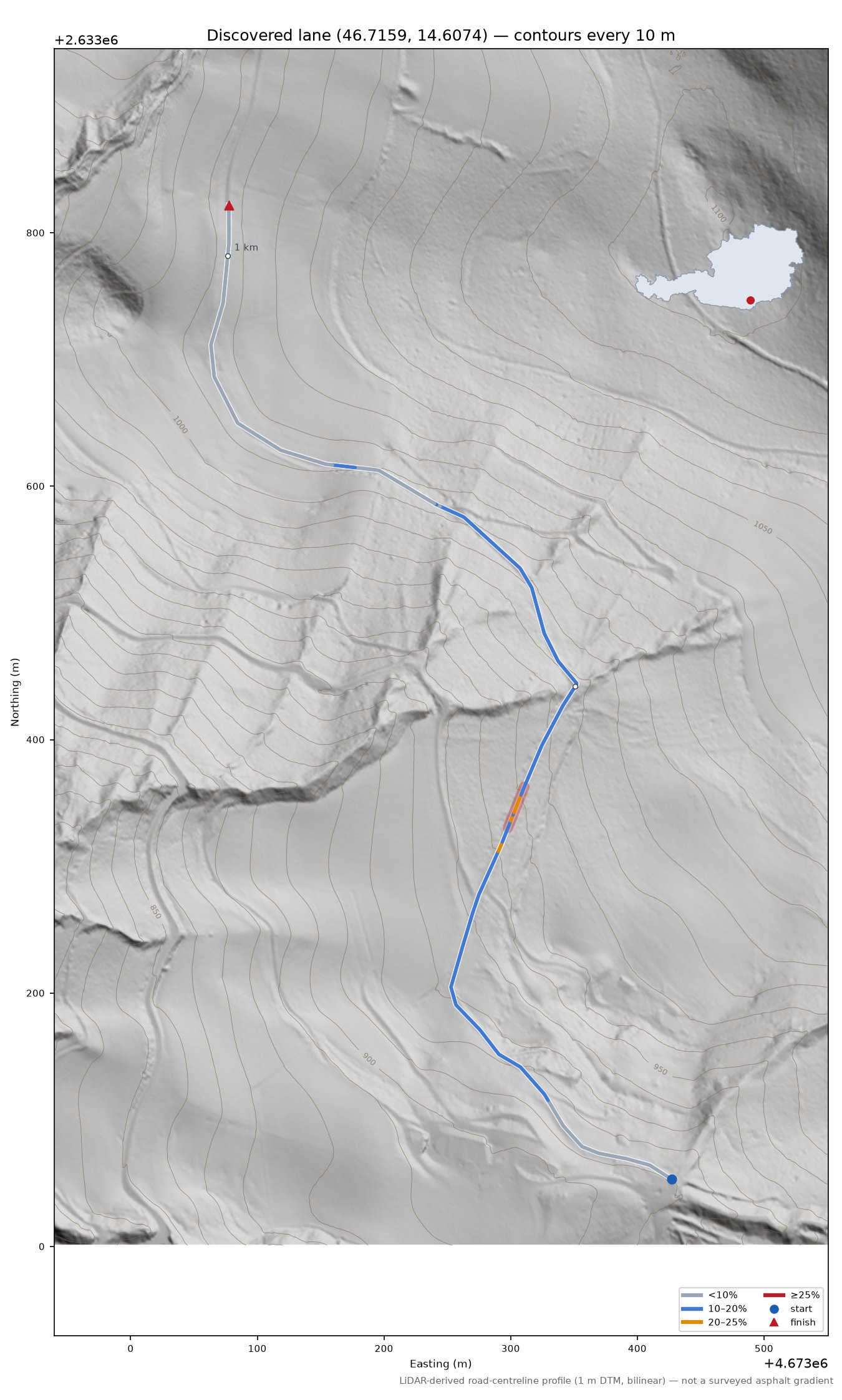 Discovered lane (46.7159, 14.6074) LiDAR hillshade map with contours