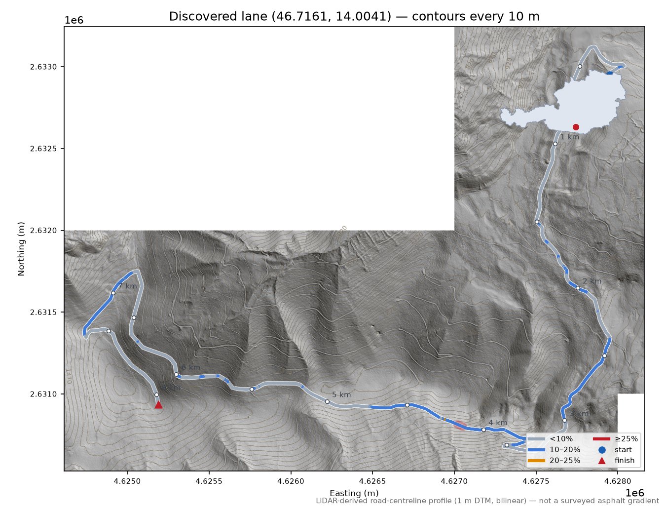 Discovered lane (46.7161, 14.0041) LiDAR hillshade map with contours
