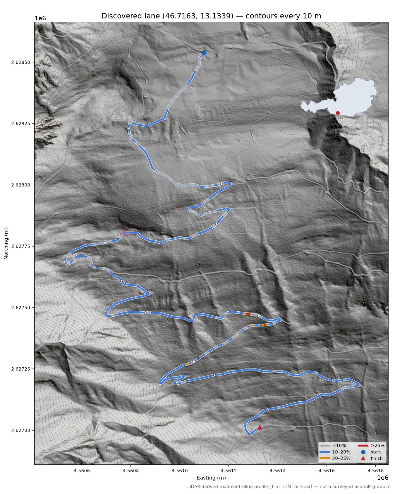 Discovered lane (46.7163, 13.1339) LiDAR hillshade map with contours