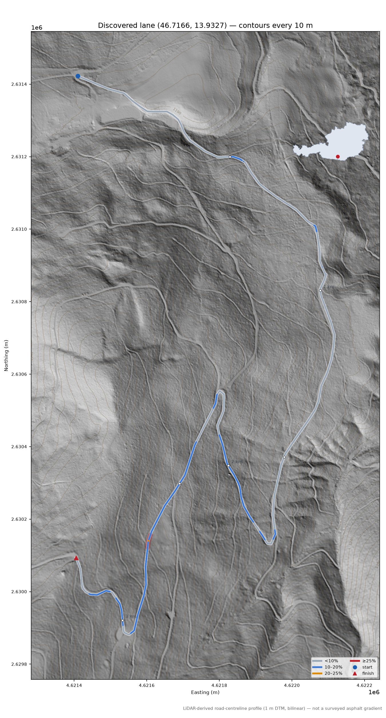 Discovered lane (46.7166, 13.9327) LiDAR hillshade map with contours