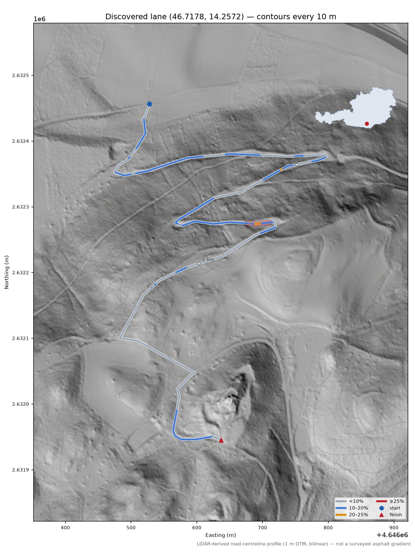 Discovered lane (46.7178, 14.2572) LiDAR hillshade map with contours
