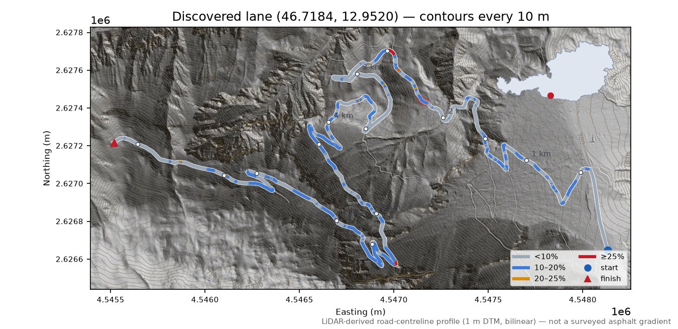 Discovered lane (46.7184, 12.9520) LiDAR hillshade map with contours