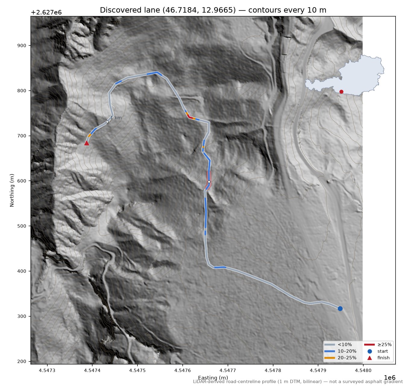 Discovered lane (46.7184, 12.9665) LiDAR hillshade map with contours