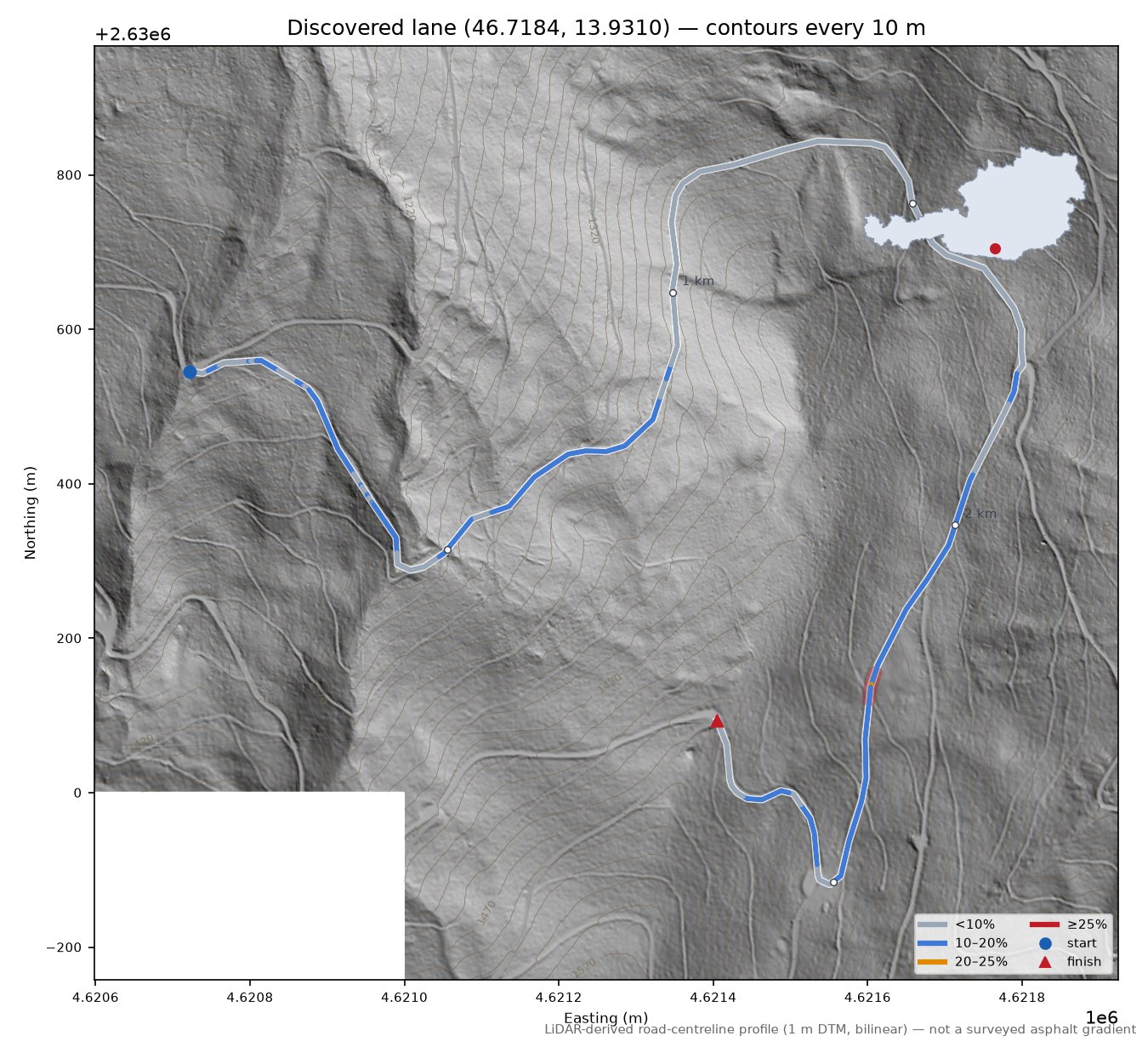 Discovered lane (46.7184, 13.9310) LiDAR hillshade map with contours