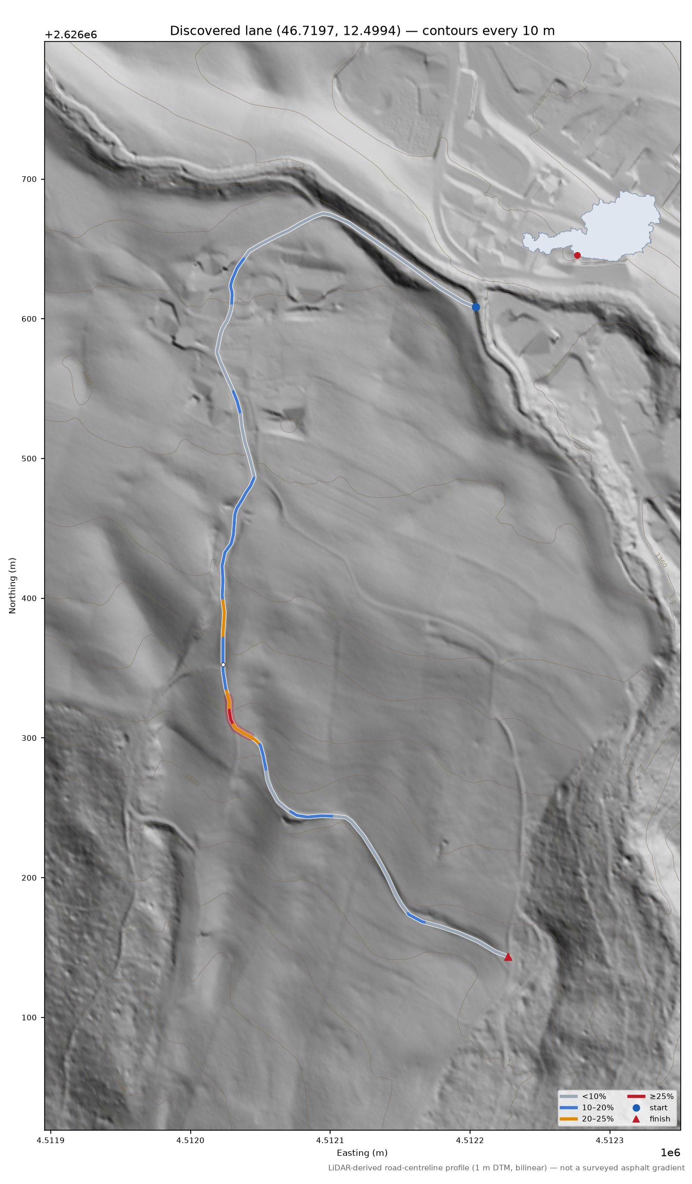 Discovered lane (46.7197, 12.4994) LiDAR hillshade map with contours