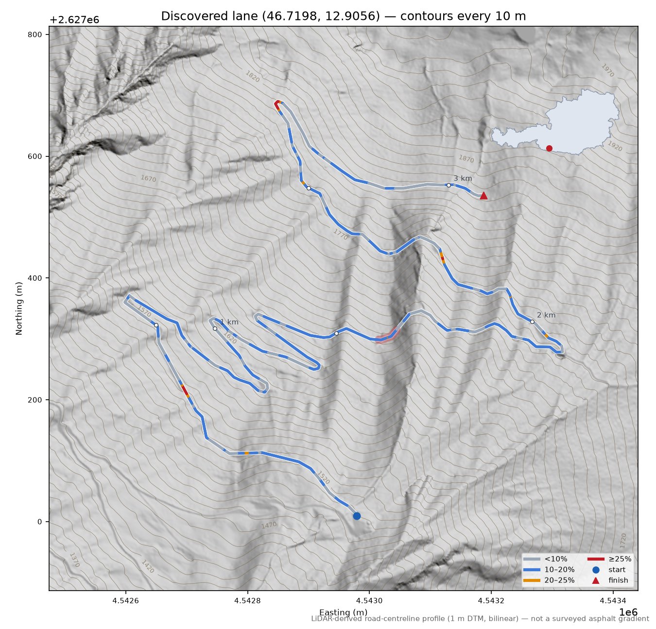 Discovered lane (46.7198, 12.9056) LiDAR hillshade map with contours