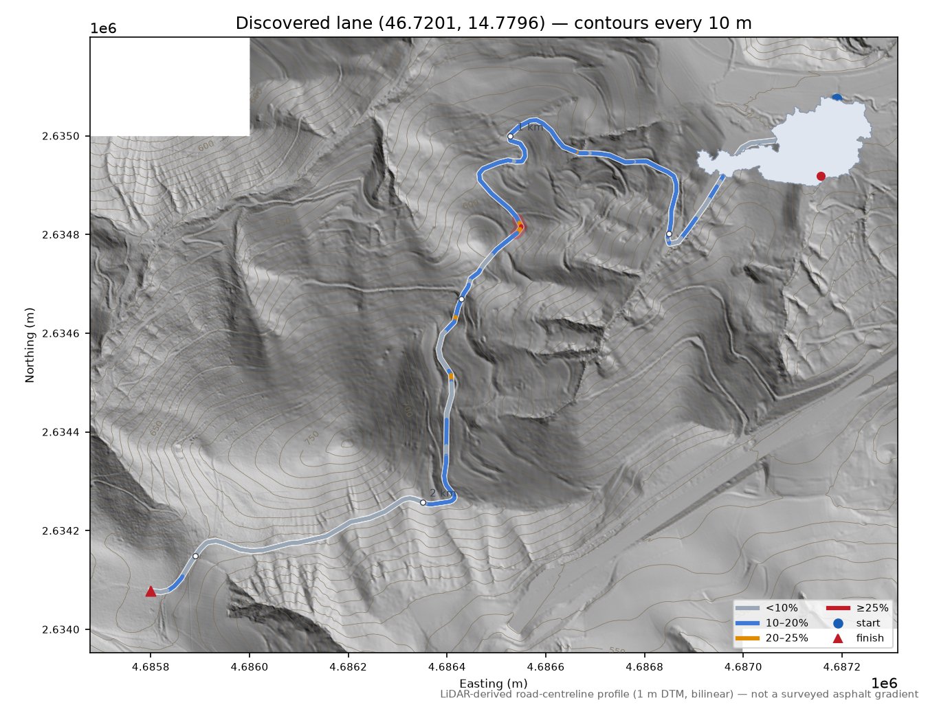 Discovered lane (46.7201, 14.7796) LiDAR hillshade map with contours