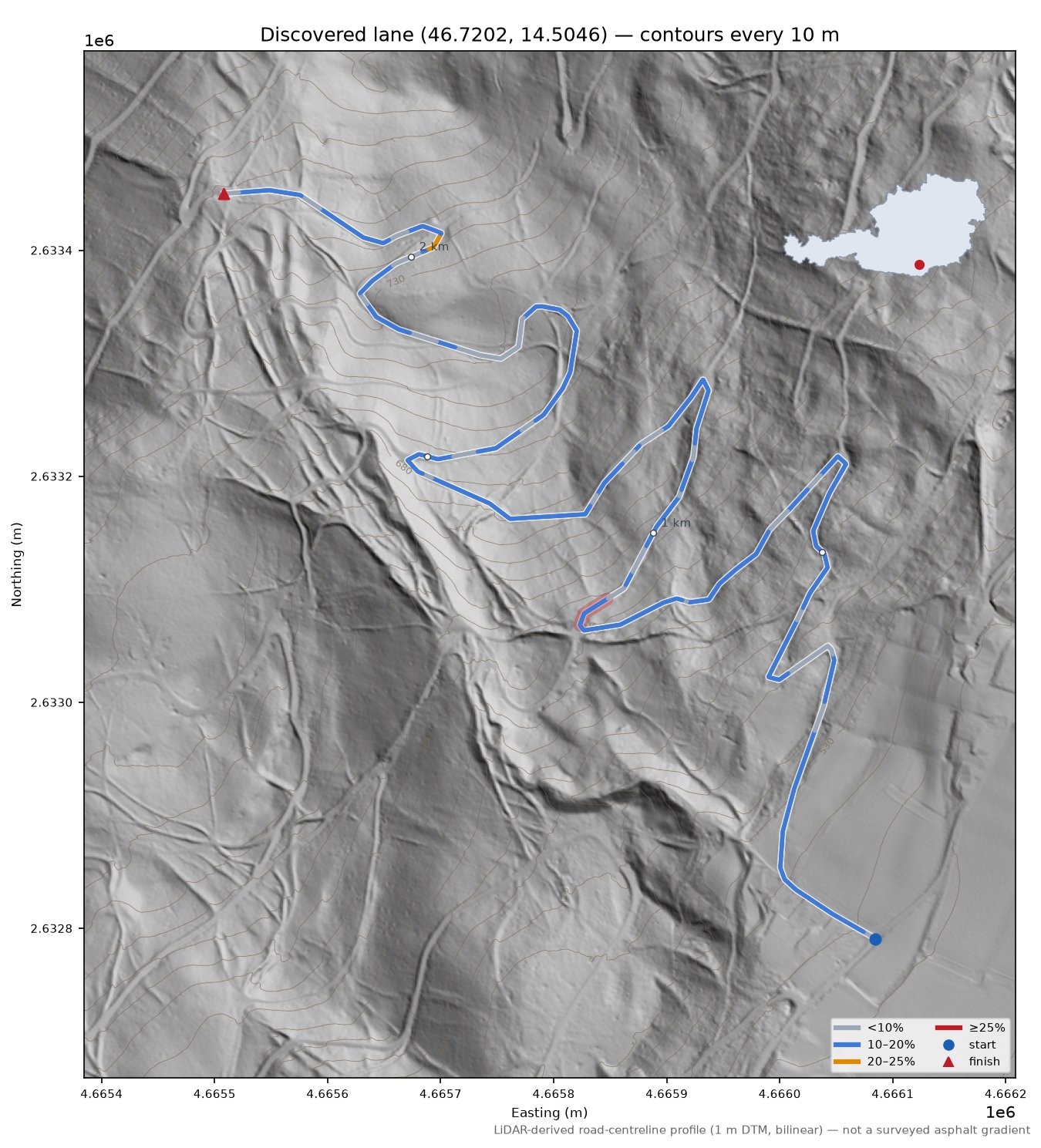 Discovered lane (46.7202, 14.5046) LiDAR hillshade map with contours