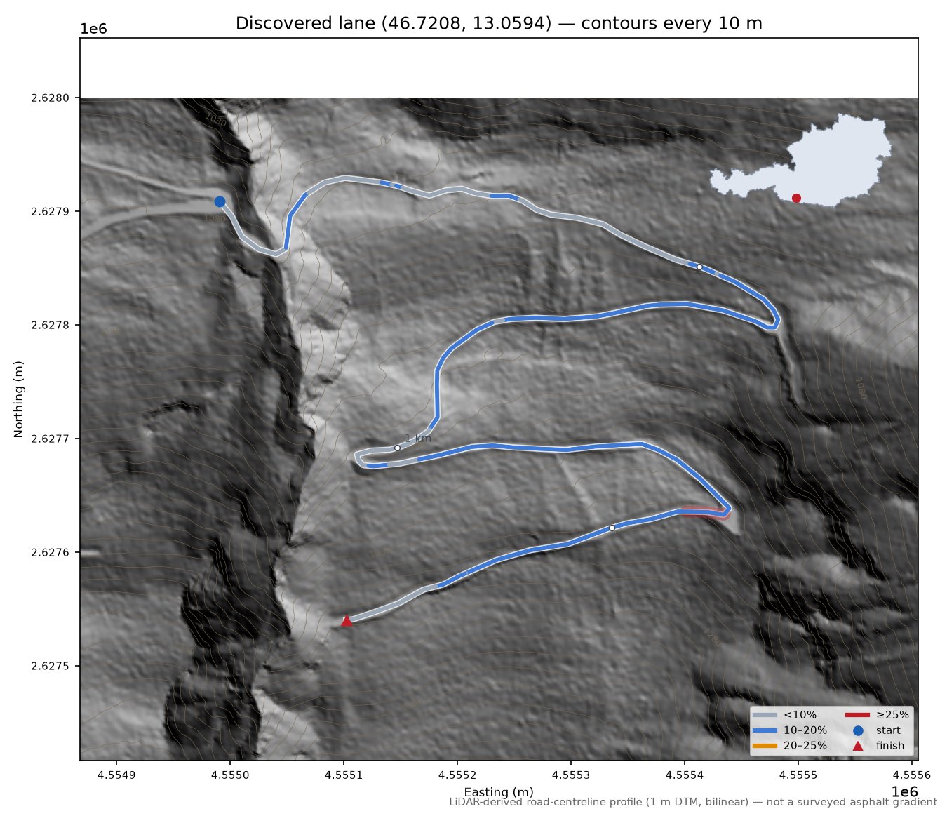 Discovered lane (46.7208, 13.0594) LiDAR hillshade map with contours