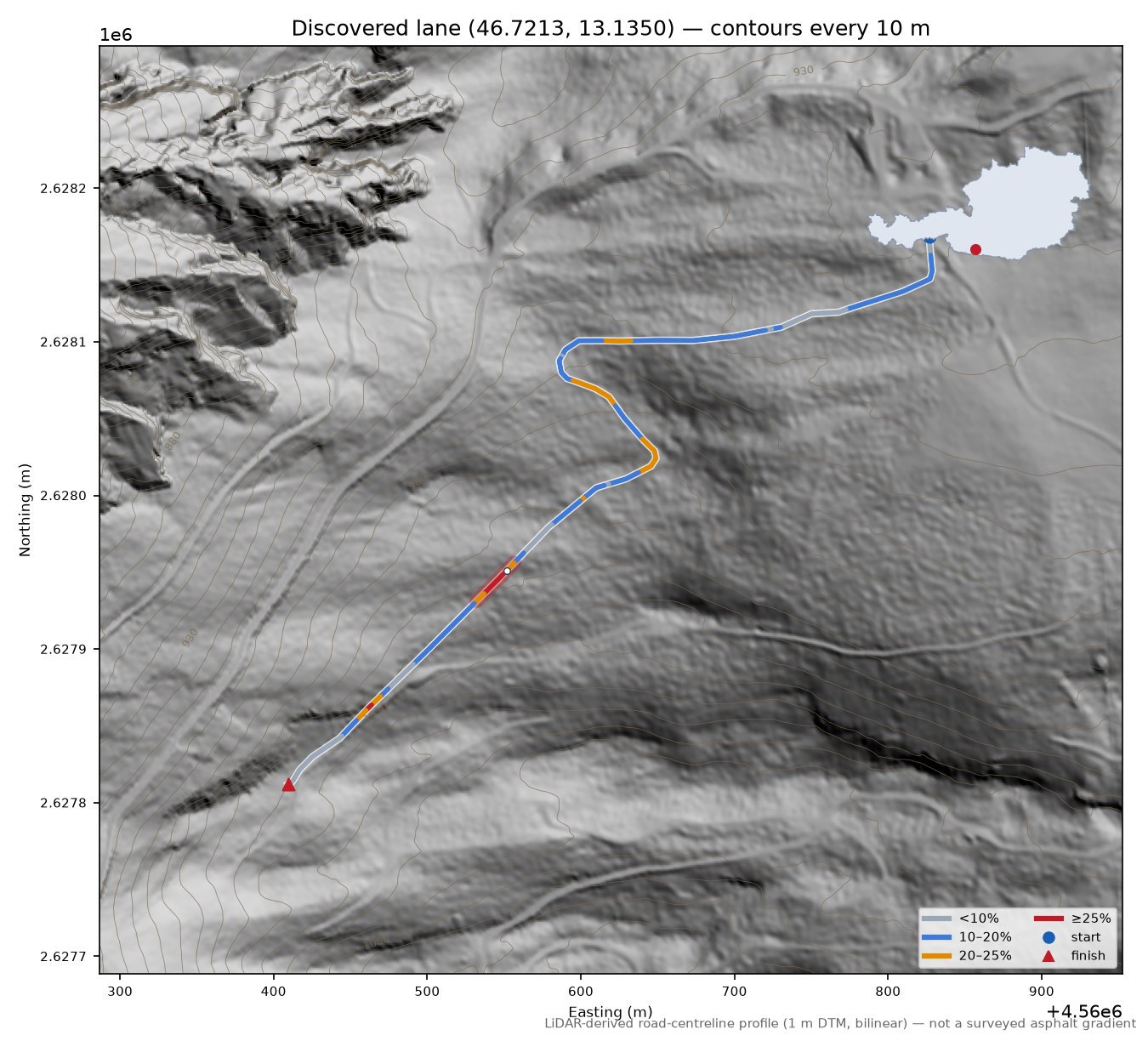 Discovered lane (46.7213, 13.1350) LiDAR hillshade map with contours
