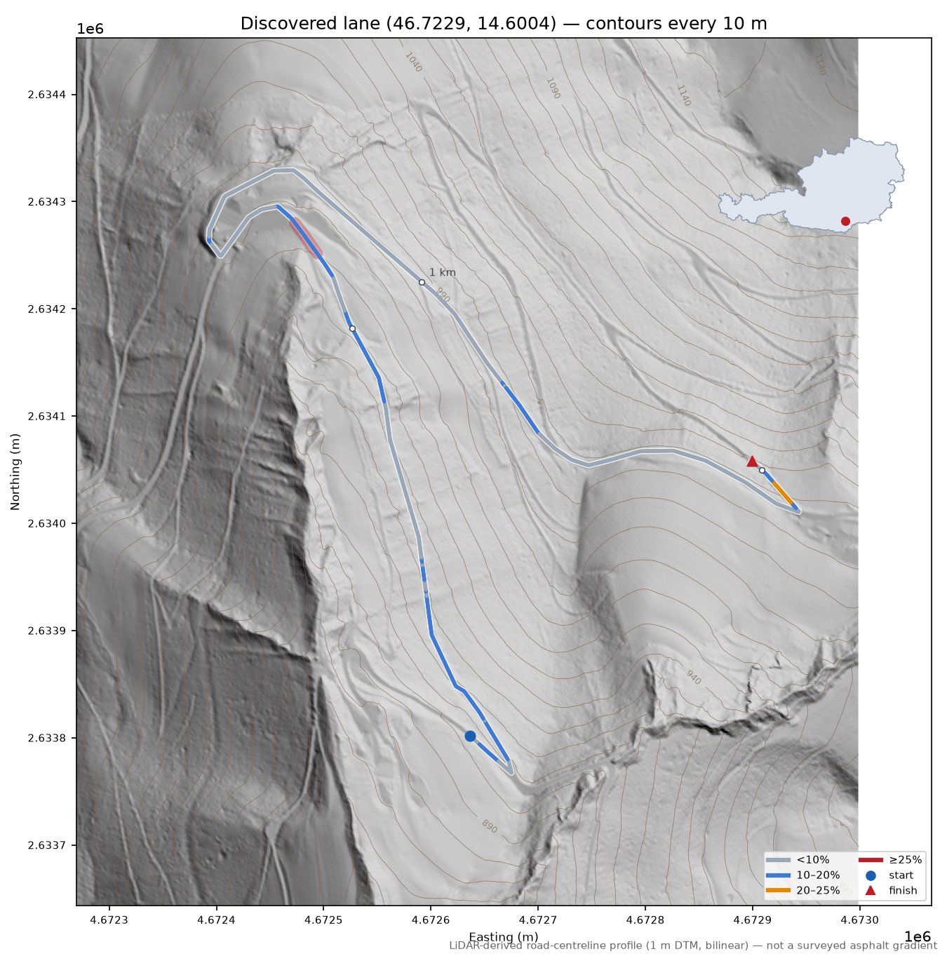 Discovered lane (46.7229, 14.6004) LiDAR hillshade map with contours