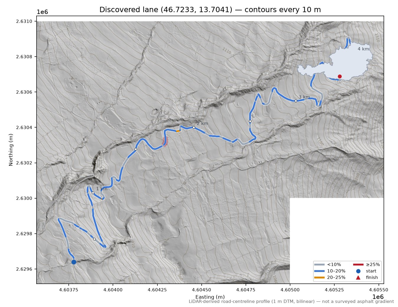 Discovered lane (46.7233, 13.7041) LiDAR hillshade map with contours
