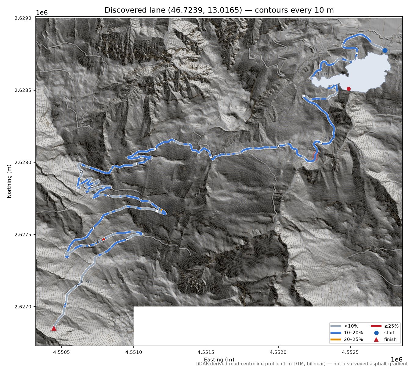 Discovered lane (46.7239, 13.0165) LiDAR hillshade map with contours