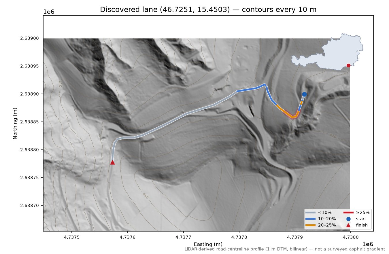 Discovered lane (46.7251, 15.4503) LiDAR hillshade map with contours