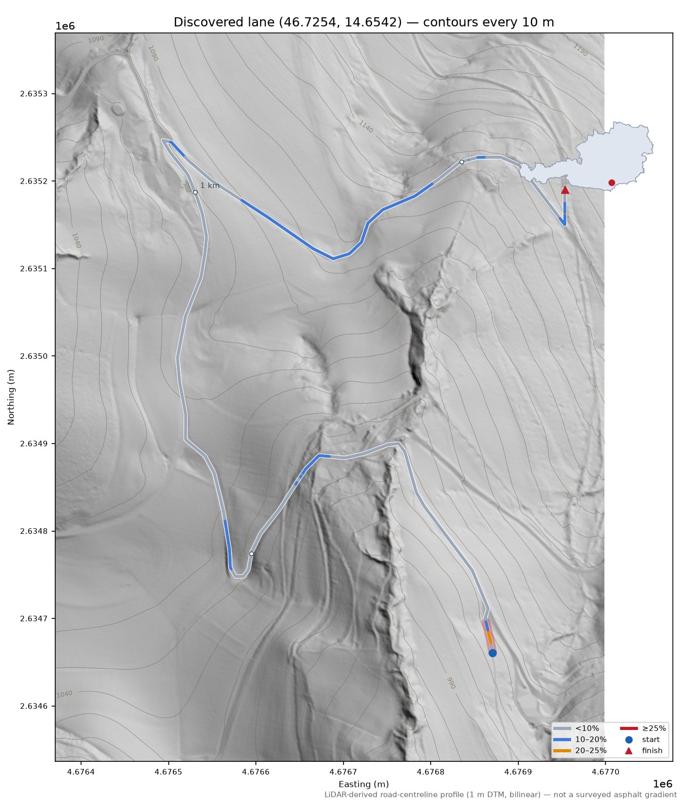 Discovered lane (46.7254, 14.6542) LiDAR hillshade map with contours