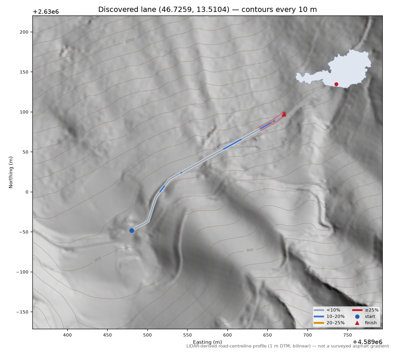 Discovered lane (46.7259, 13.5104) LiDAR hillshade map with contours