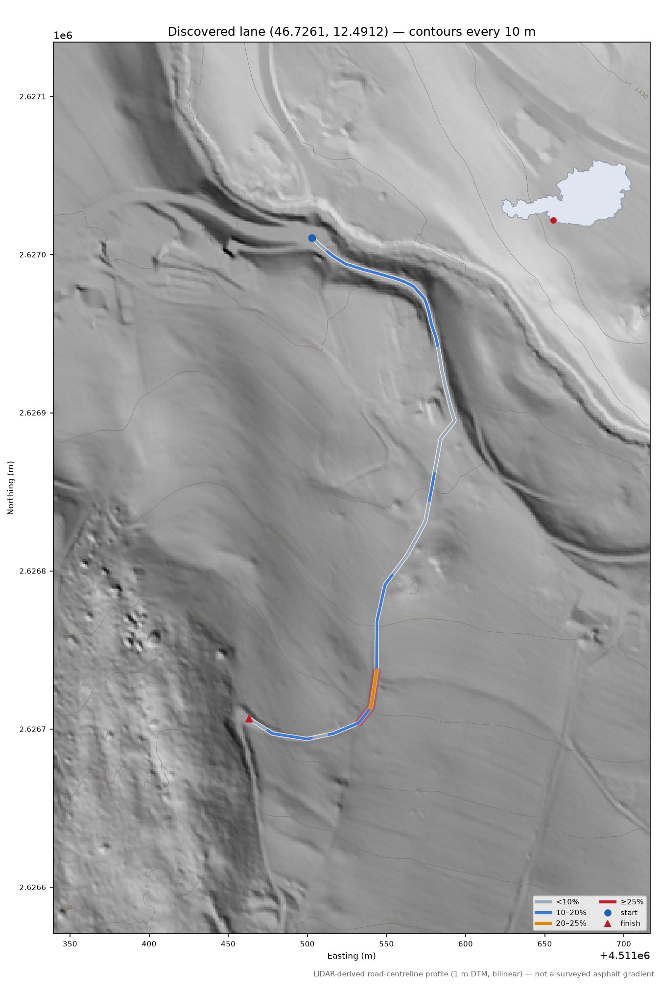 Discovered lane (46.7261, 12.4912) LiDAR hillshade map with contours