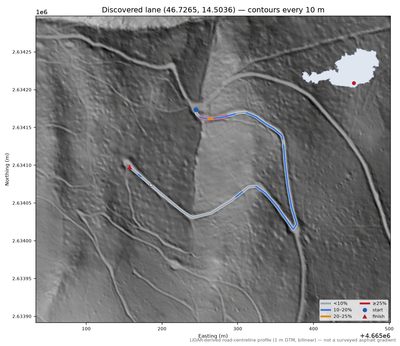 Discovered lane (46.7265, 14.5036) LiDAR hillshade map with contours