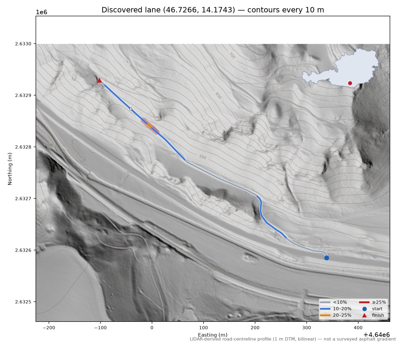 Discovered lane (46.7266, 14.1743) LiDAR hillshade map with contours