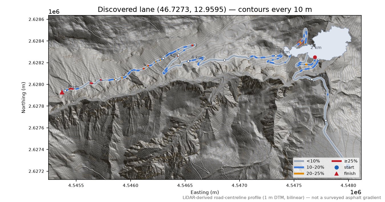 Discovered lane (46.7273, 12.9595) LiDAR hillshade map with contours