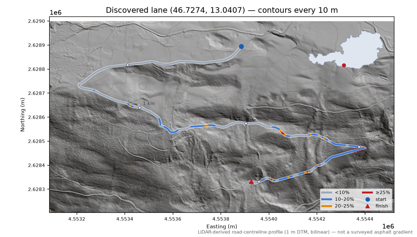 Discovered lane (46.7274, 13.0407) LiDAR hillshade map with contours