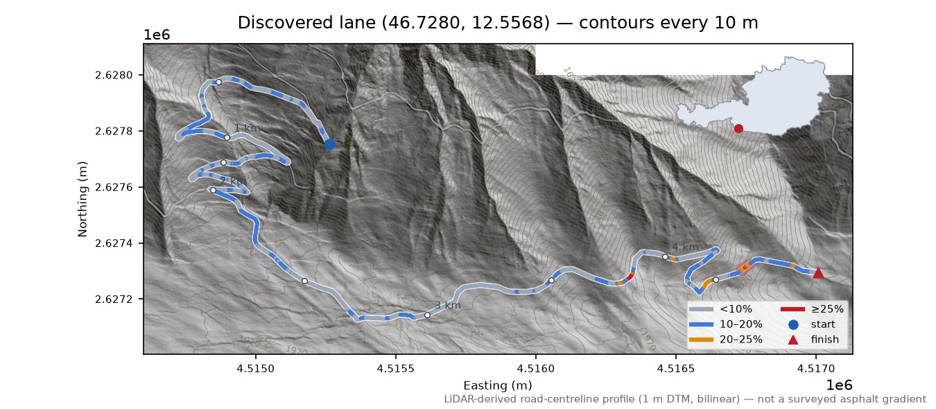 Discovered lane (46.7280, 12.5568) LiDAR hillshade map with contours