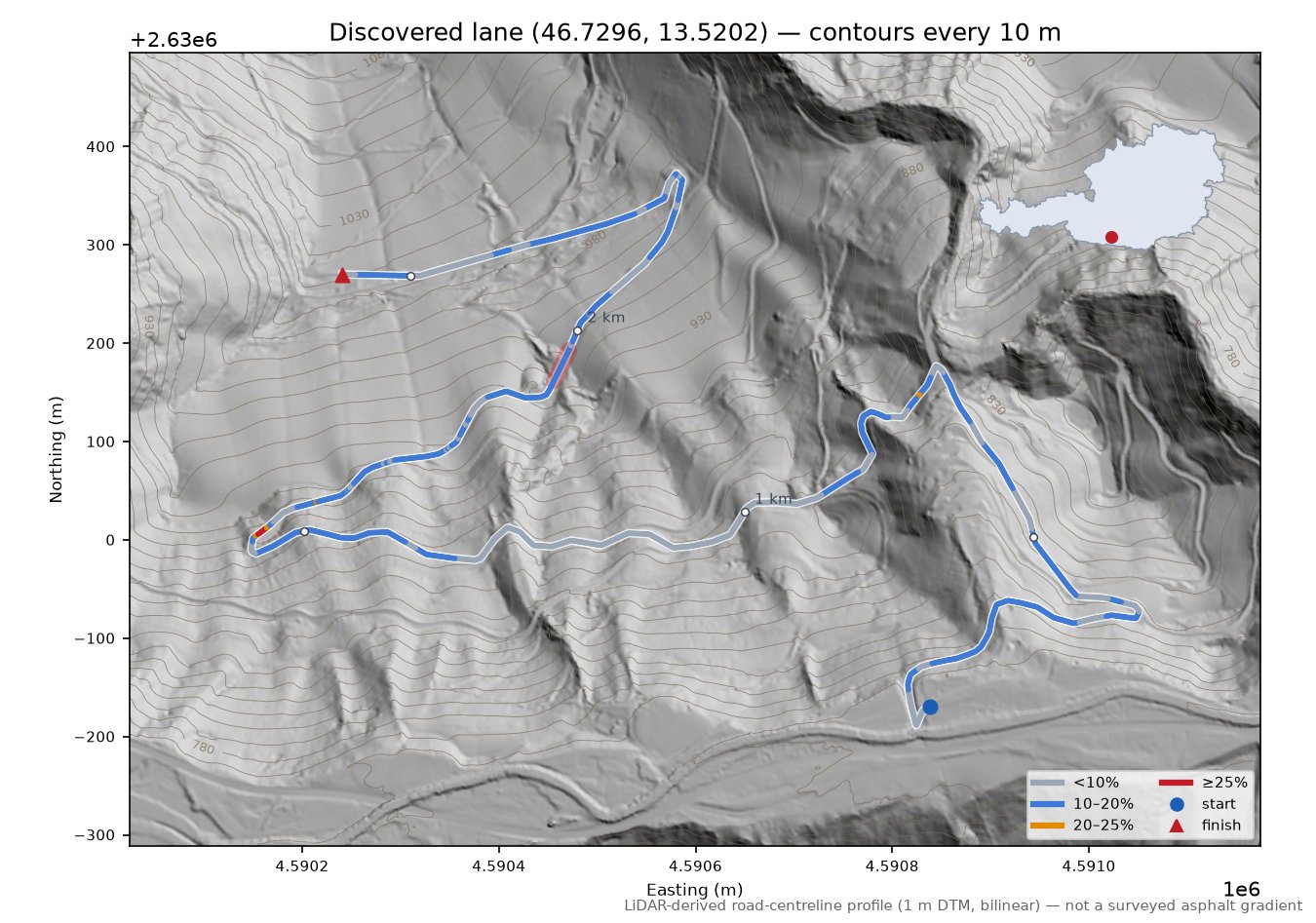 Discovered lane (46.7296, 13.5202) LiDAR hillshade map with contours