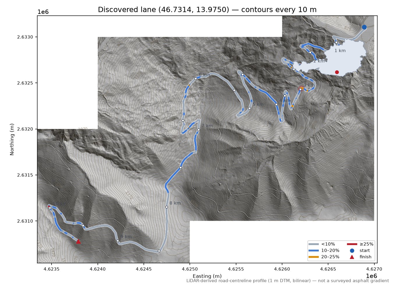 Discovered lane (46.7314, 13.9750) LiDAR hillshade map with contours