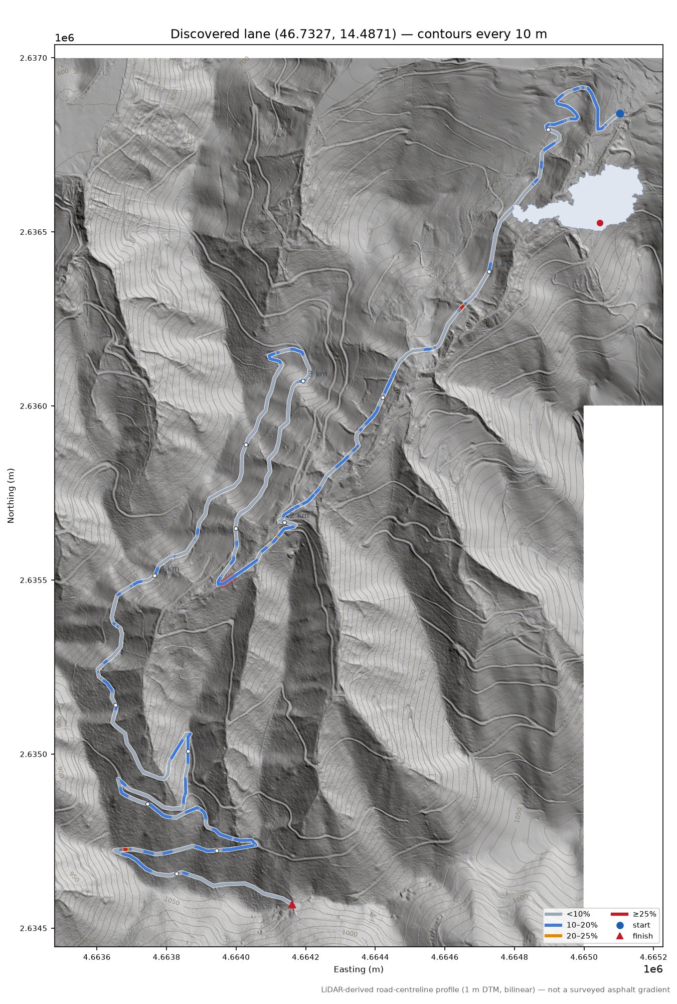 Discovered lane (46.7327, 14.4871) LiDAR hillshade map with contours