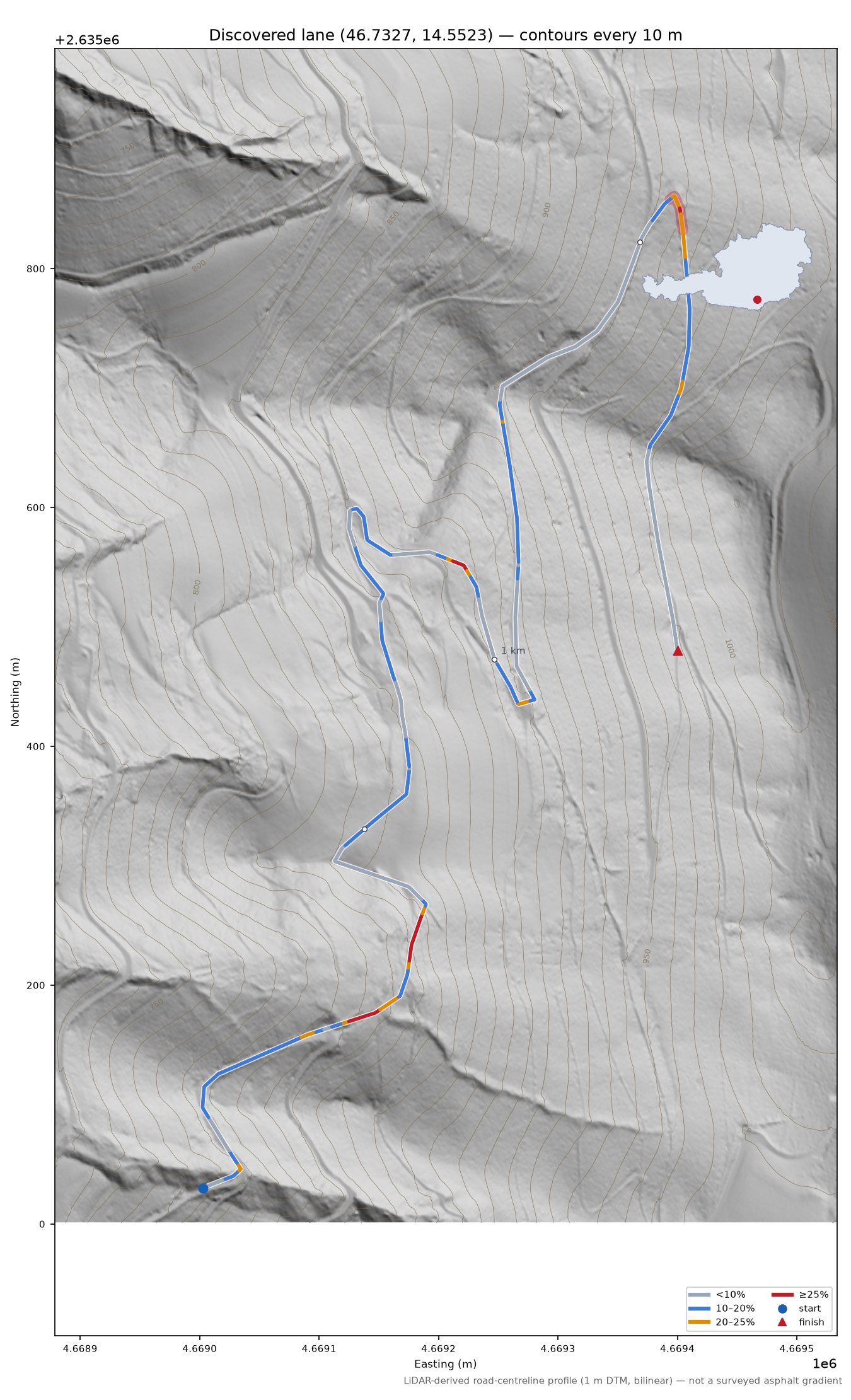 Discovered lane (46.7327, 14.5523) LiDAR hillshade map with contours