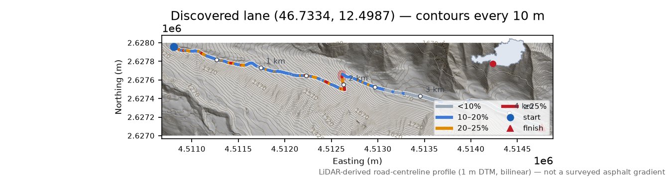 Discovered lane (46.7334, 12.4987) LiDAR hillshade map with contours