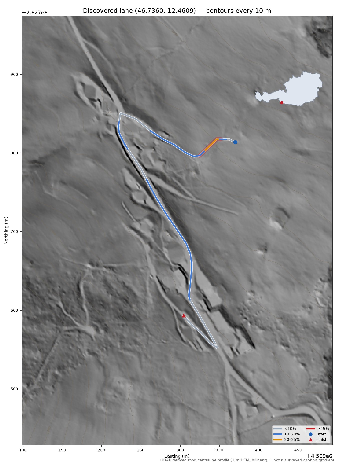 Discovered lane (46.7360, 12.4609) LiDAR hillshade map with contours