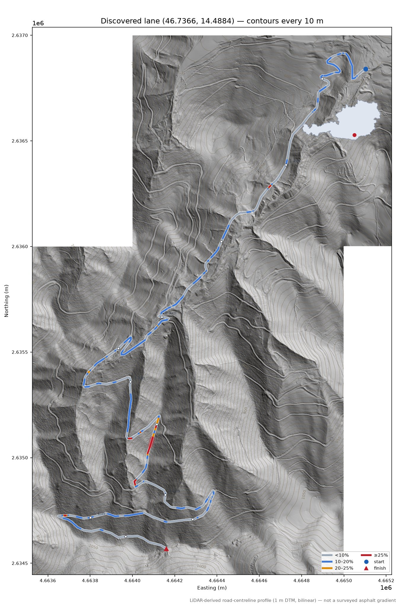 Discovered lane (46.7366, 14.4884) LiDAR hillshade map with contours