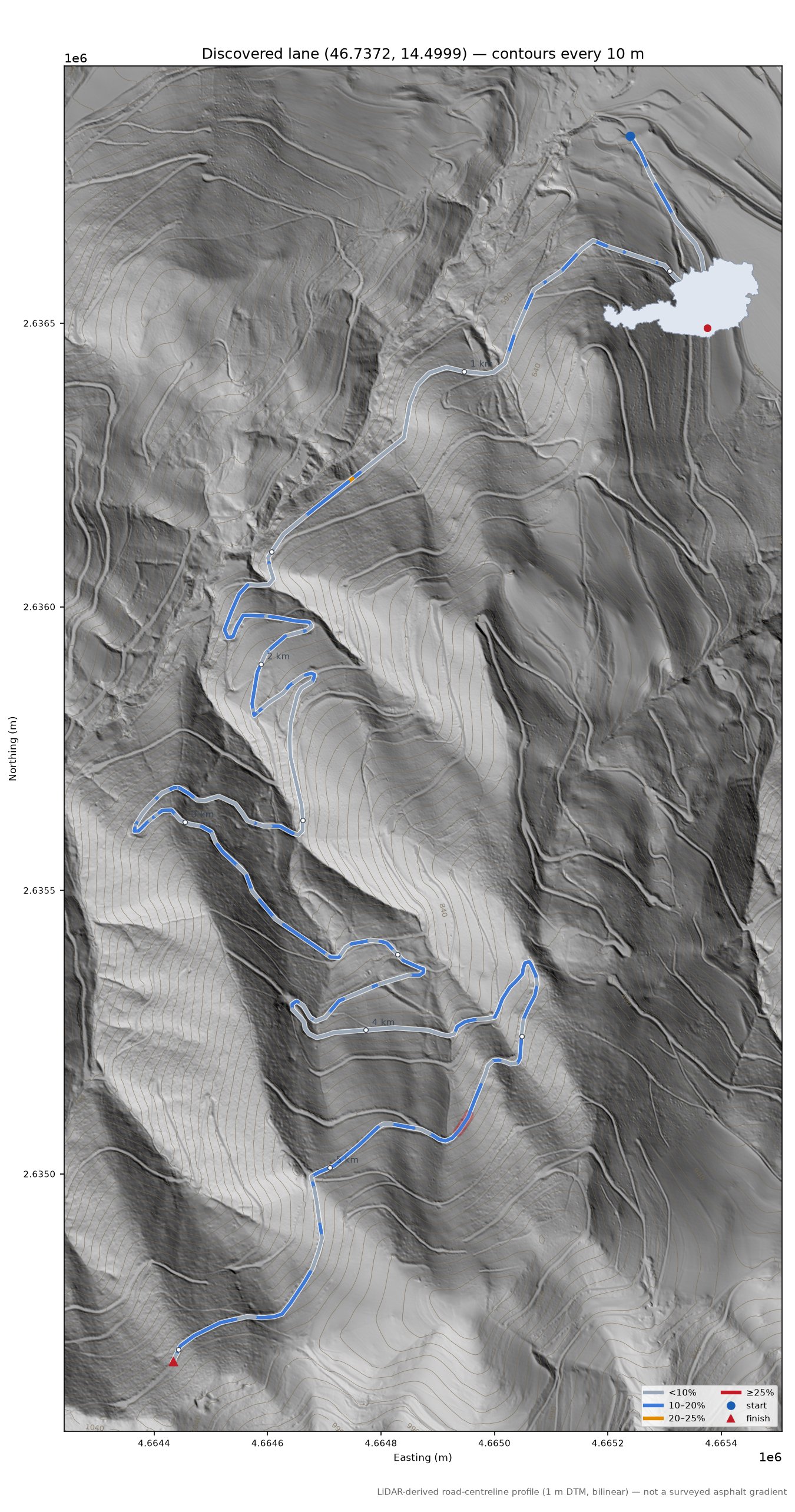 Discovered lane (46.7372, 14.4999) LiDAR hillshade map with contours