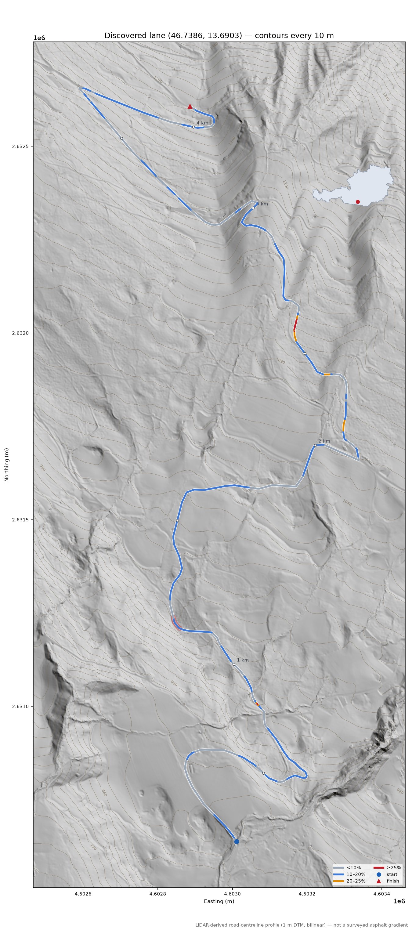 Discovered lane (46.7386, 13.6903) LiDAR hillshade map with contours