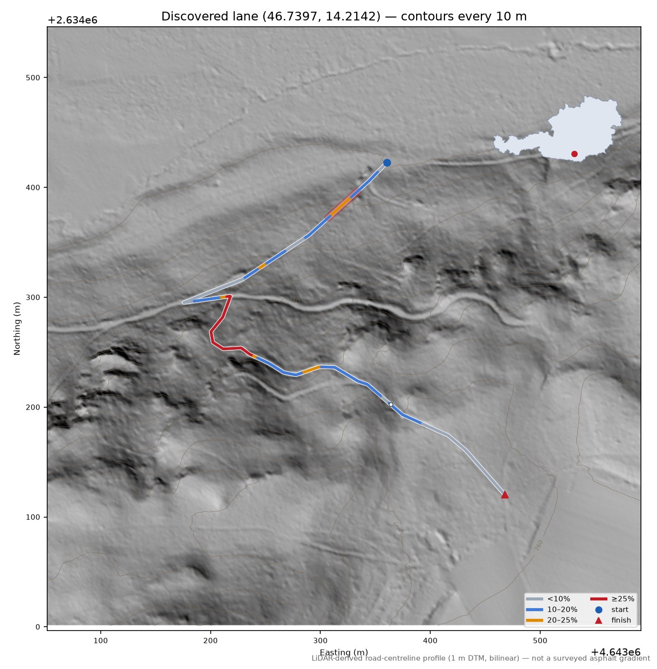 Discovered lane (46.7397, 14.2142) LiDAR hillshade map with contours