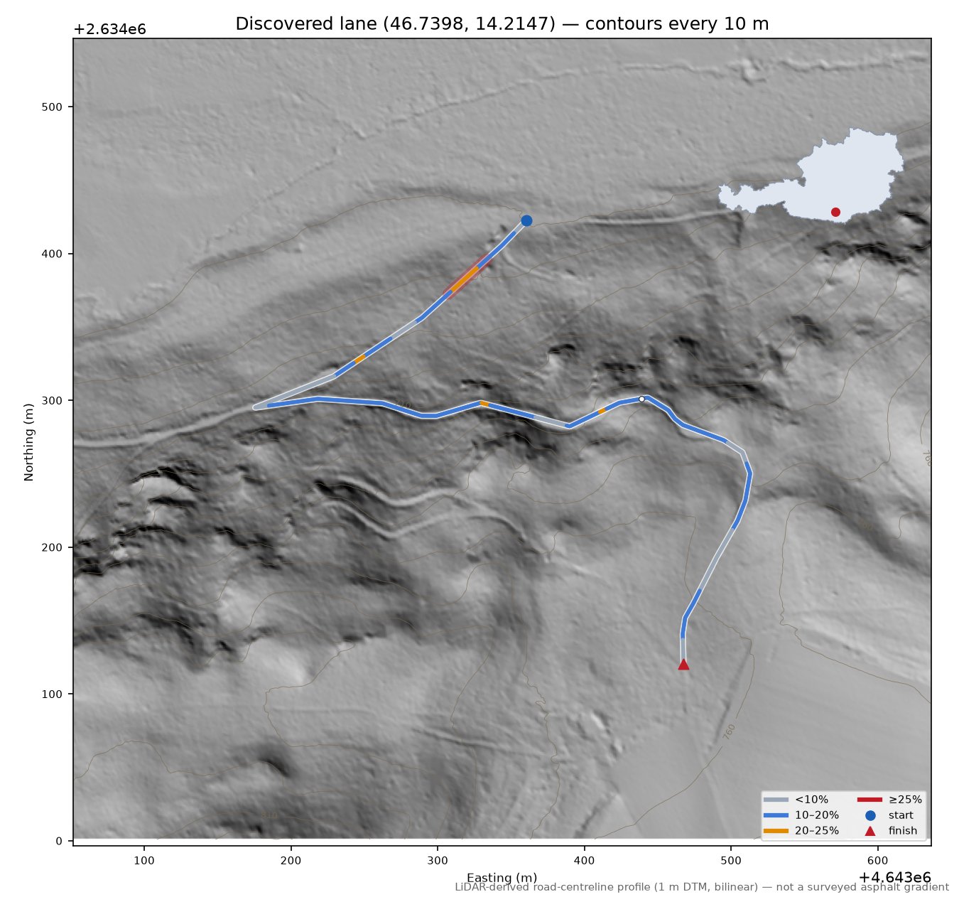 Discovered lane (46.7398, 14.2147) LiDAR hillshade map with contours