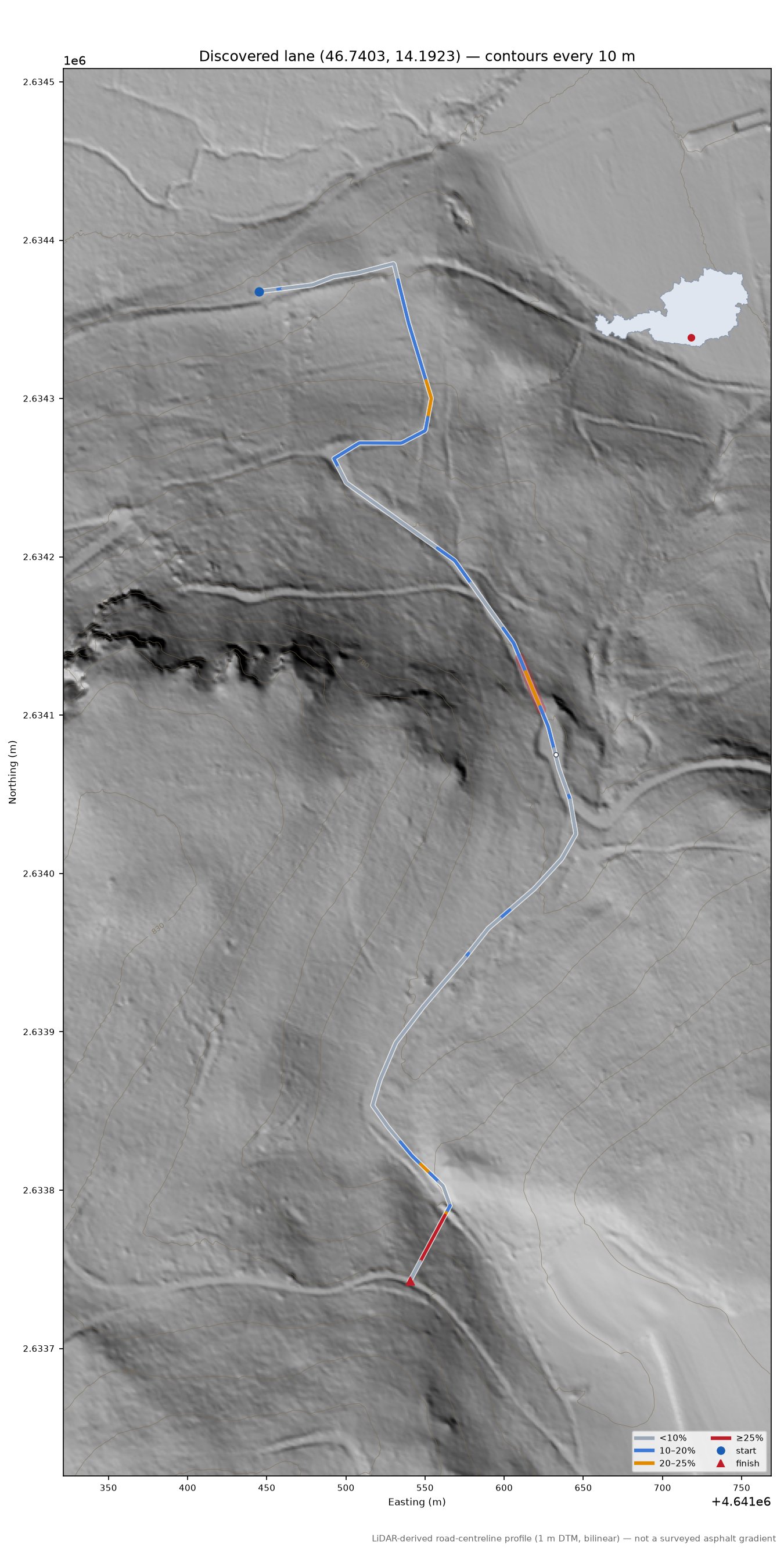 Discovered lane (46.7403, 14.1923) LiDAR hillshade map with contours