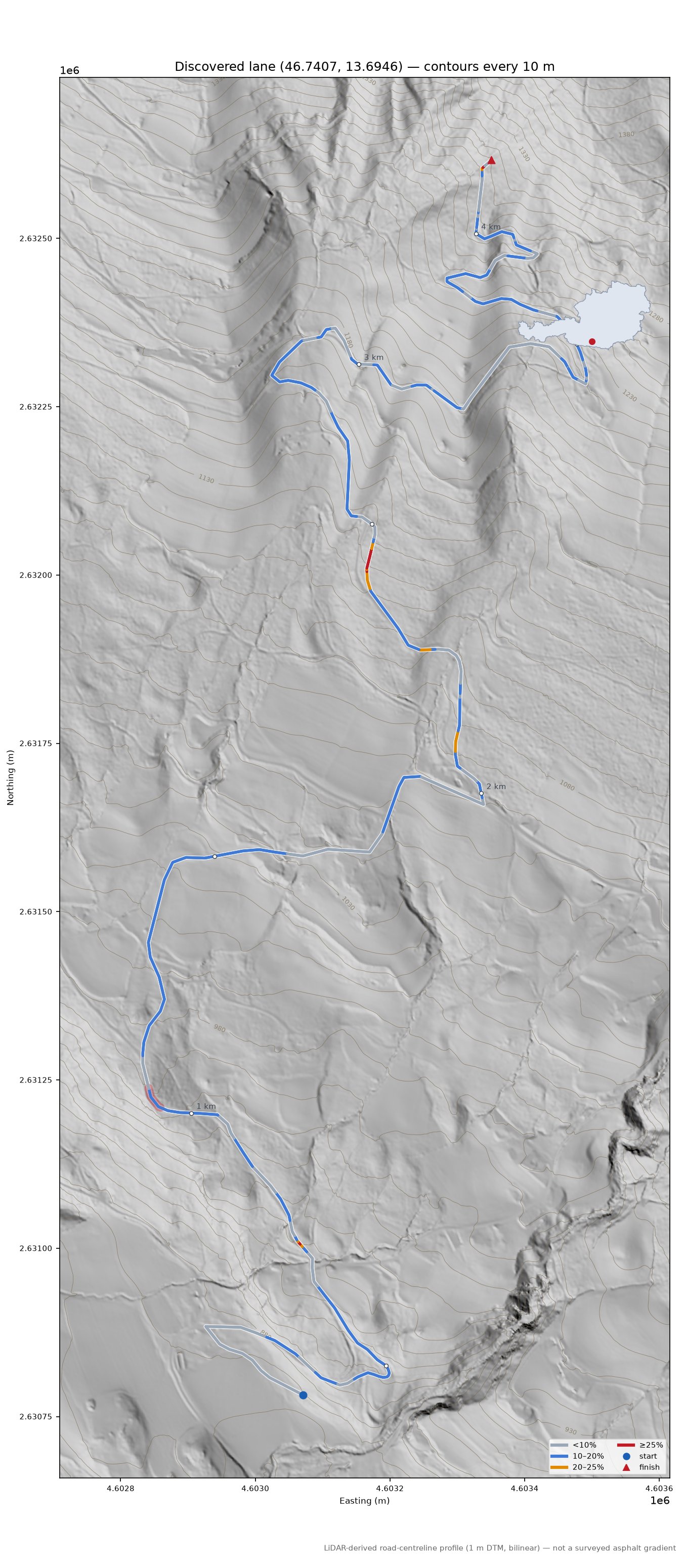 Discovered lane (46.7407, 13.6946) LiDAR hillshade map with contours