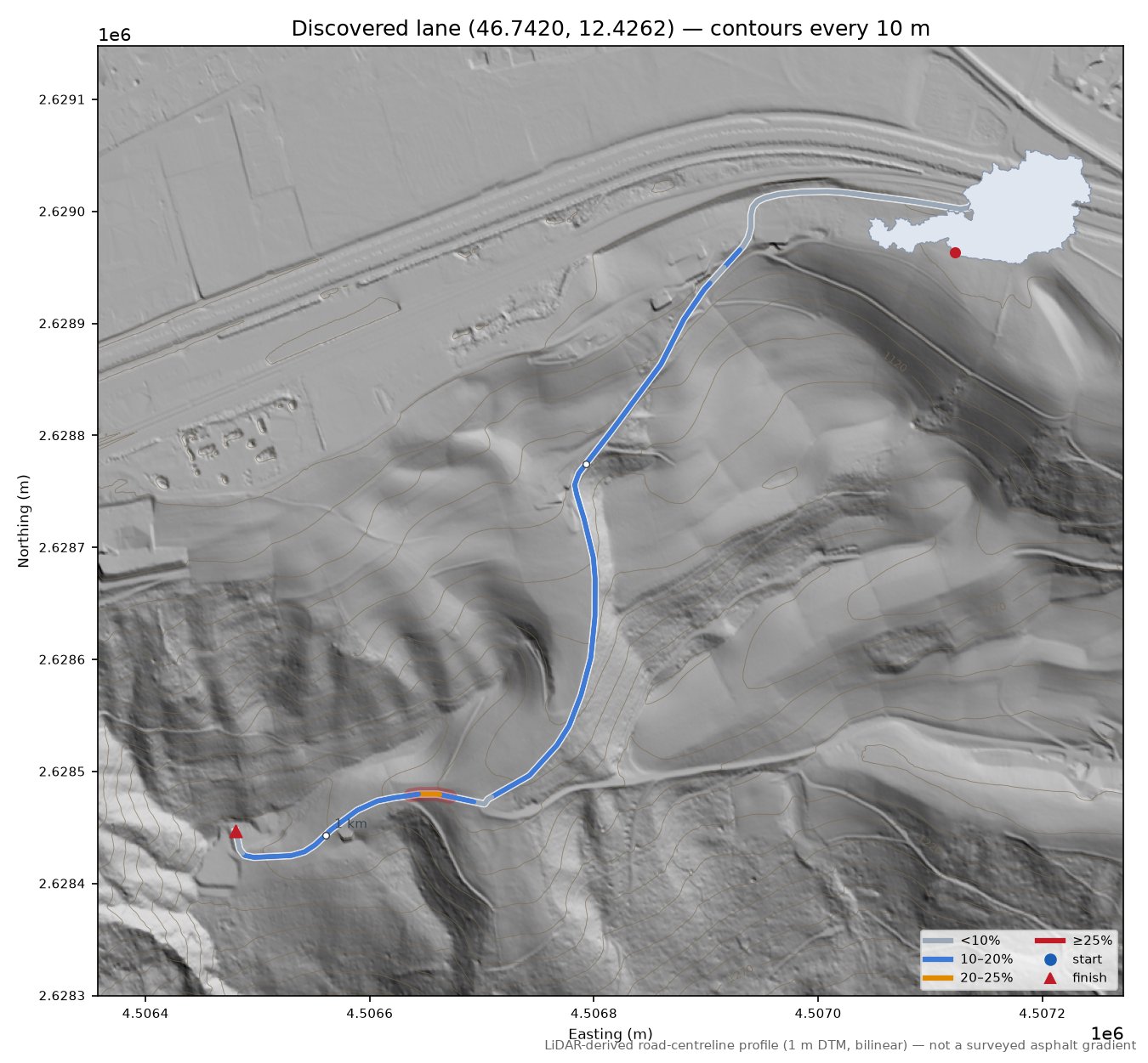 Discovered lane (46.7420, 12.4262) LiDAR hillshade map with contours
