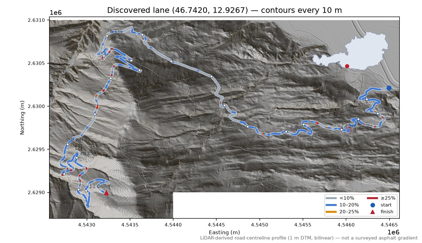 Discovered lane (46.7420, 12.9267) LiDAR hillshade map with contours