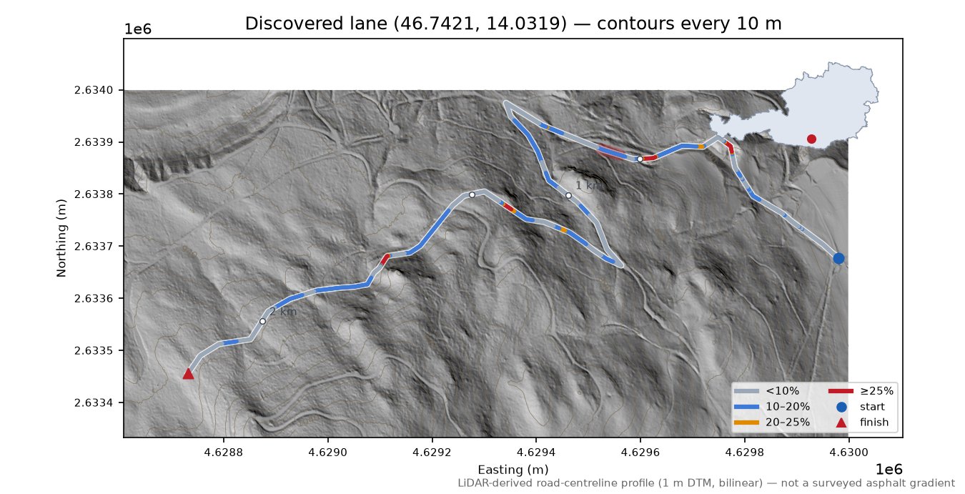 Discovered lane (46.7421, 14.0319) LiDAR hillshade map with contours
