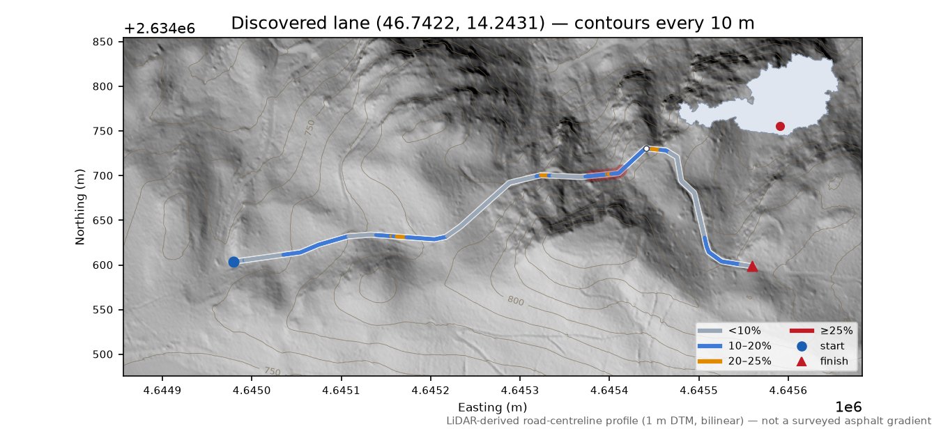 Discovered lane (46.7422, 14.2431) LiDAR hillshade map with contours