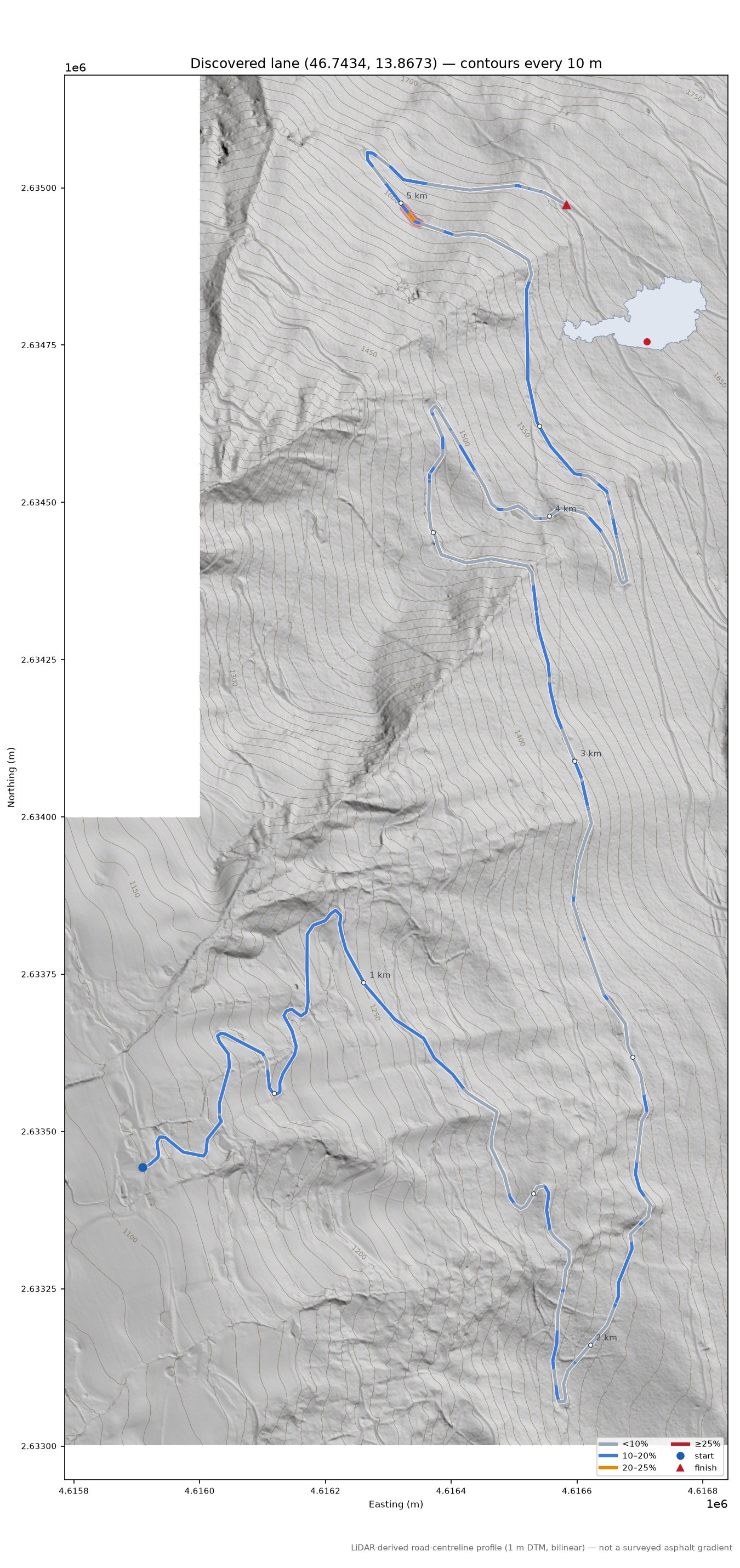 Discovered lane (46.7434, 13.8673) LiDAR hillshade map with contours