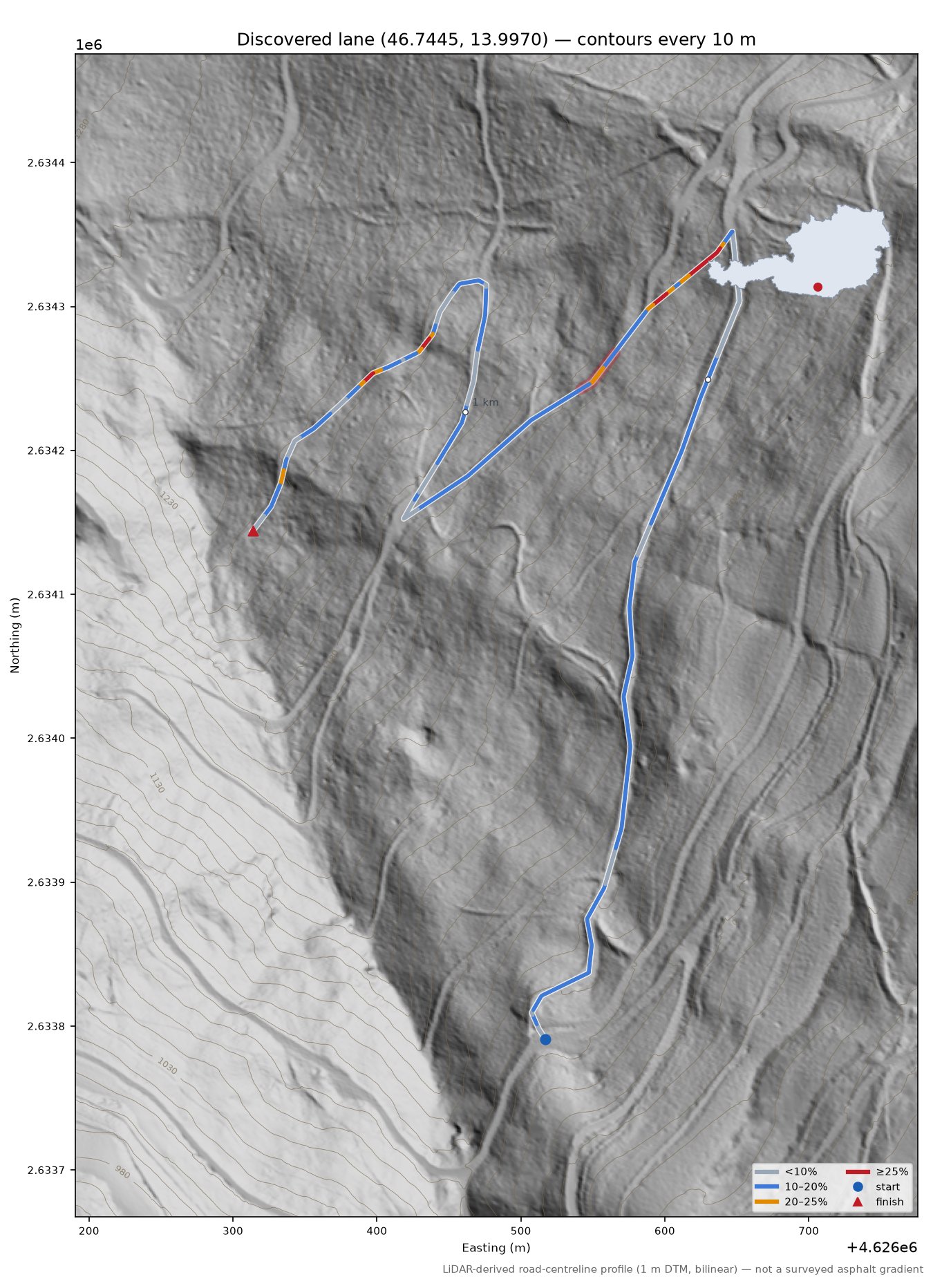 Discovered lane (46.7445, 13.9970) LiDAR hillshade map with contours