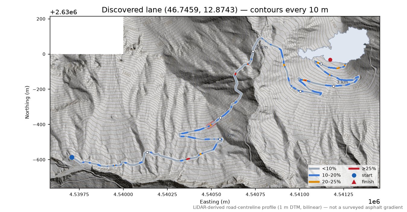 Discovered lane (46.7459, 12.8743) LiDAR hillshade map with contours