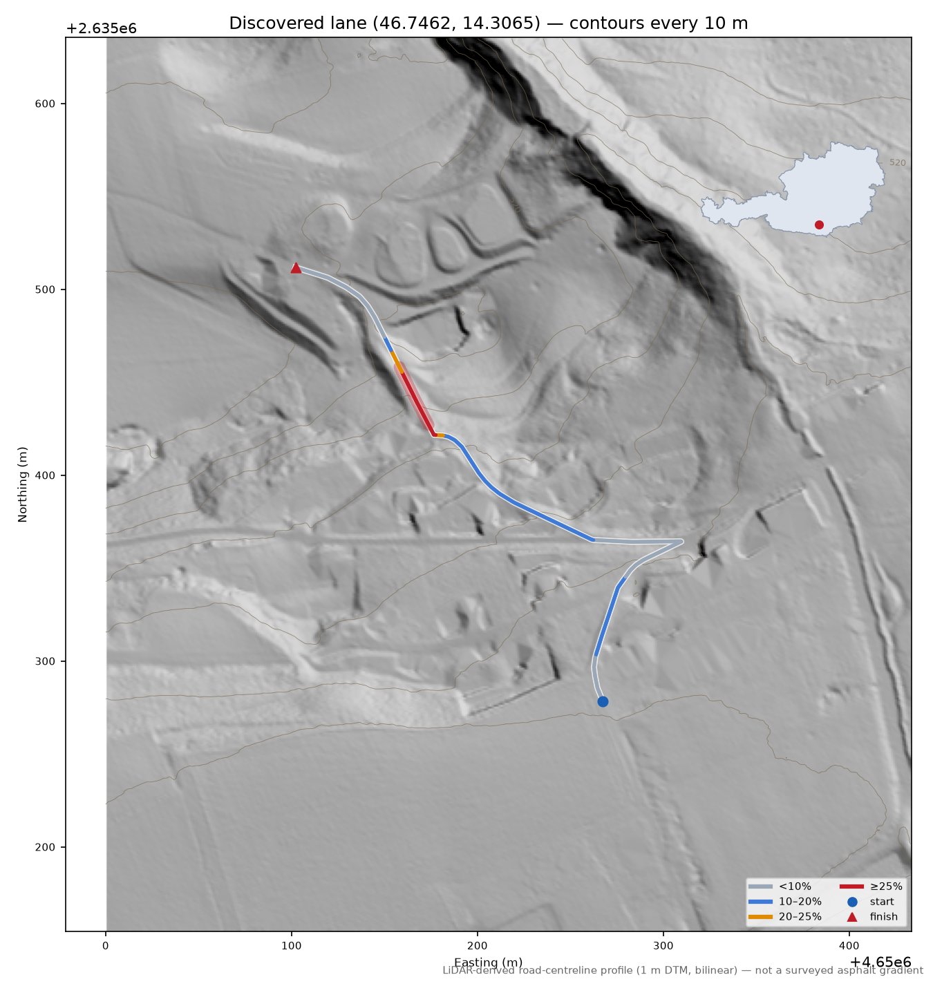 Discovered lane (46.7462, 14.3065) LiDAR hillshade map with contours