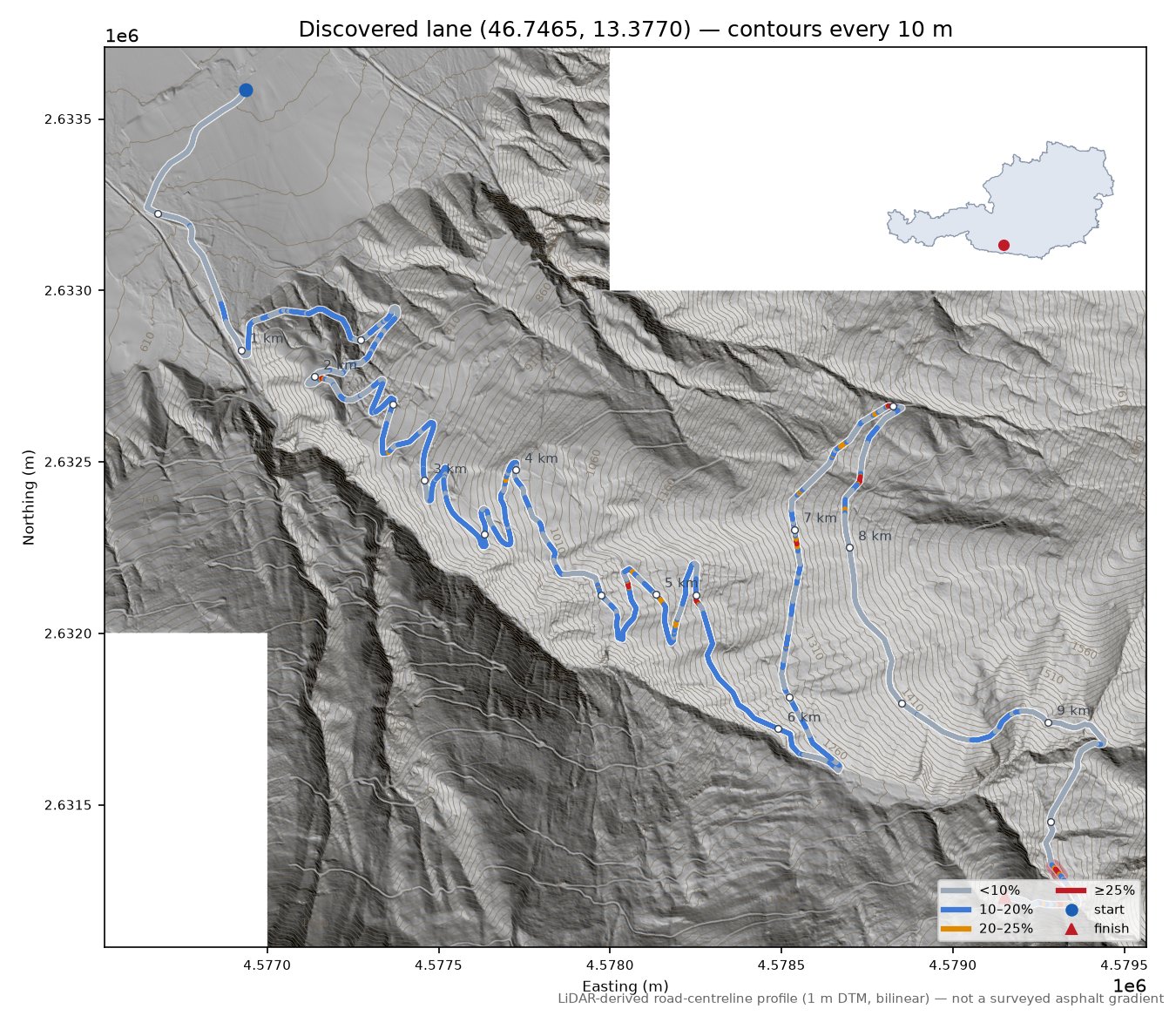 Discovered lane (46.7465, 13.3770) LiDAR hillshade map with contours