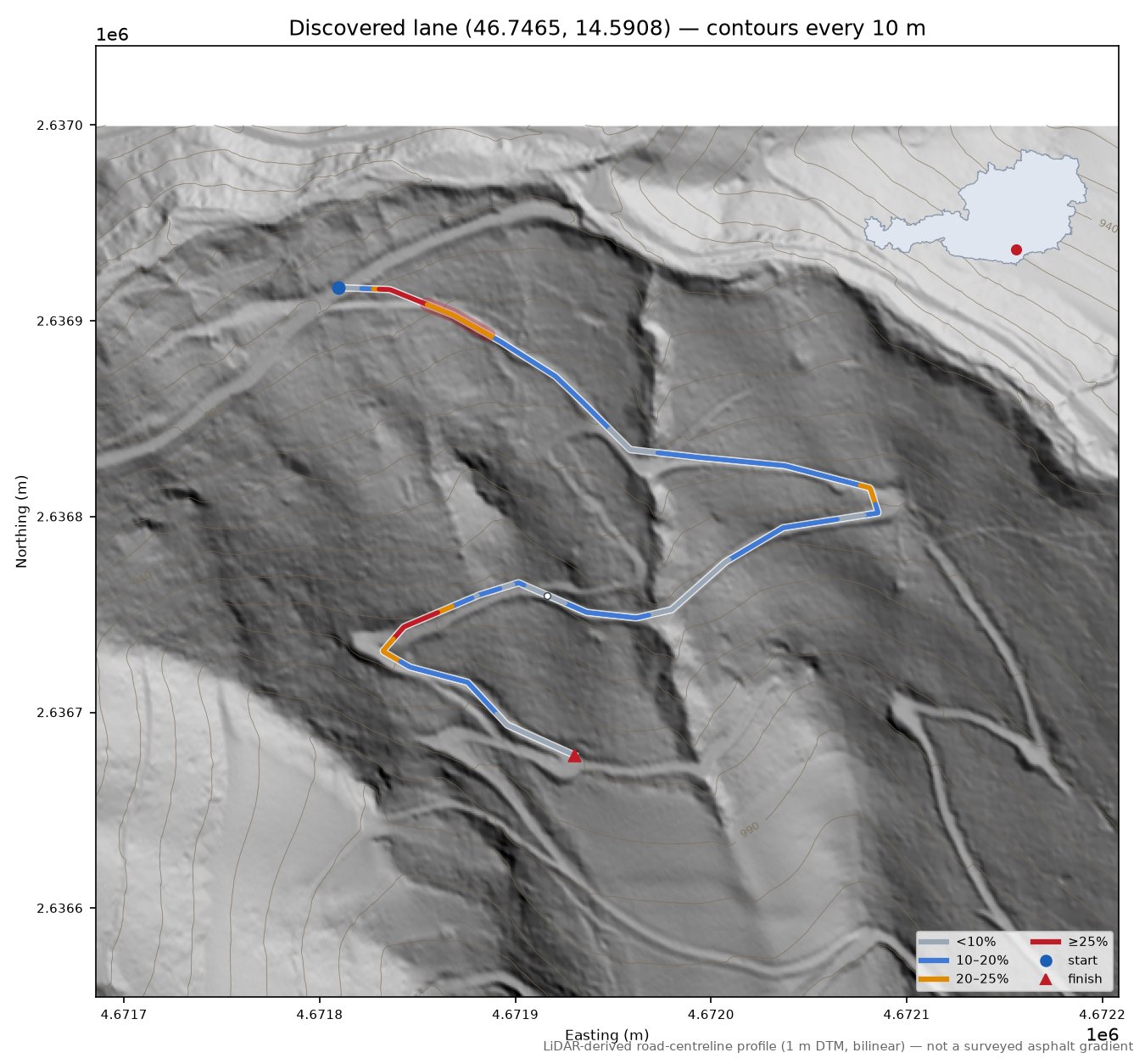 Discovered lane (46.7465, 14.5908) LiDAR hillshade map with contours